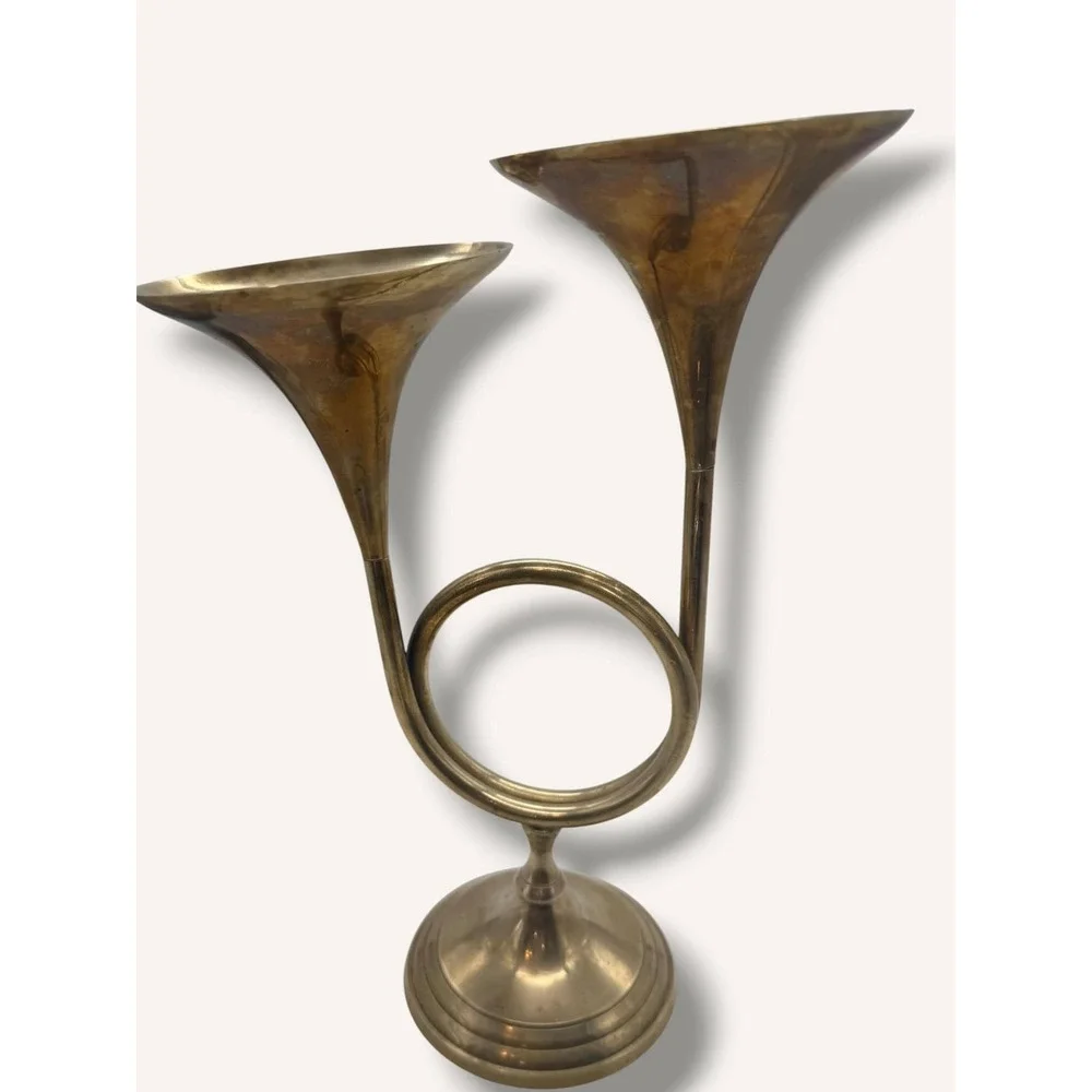 Rare and unique Vintage Brass Double French Horn Candlestick Holder with Patina
